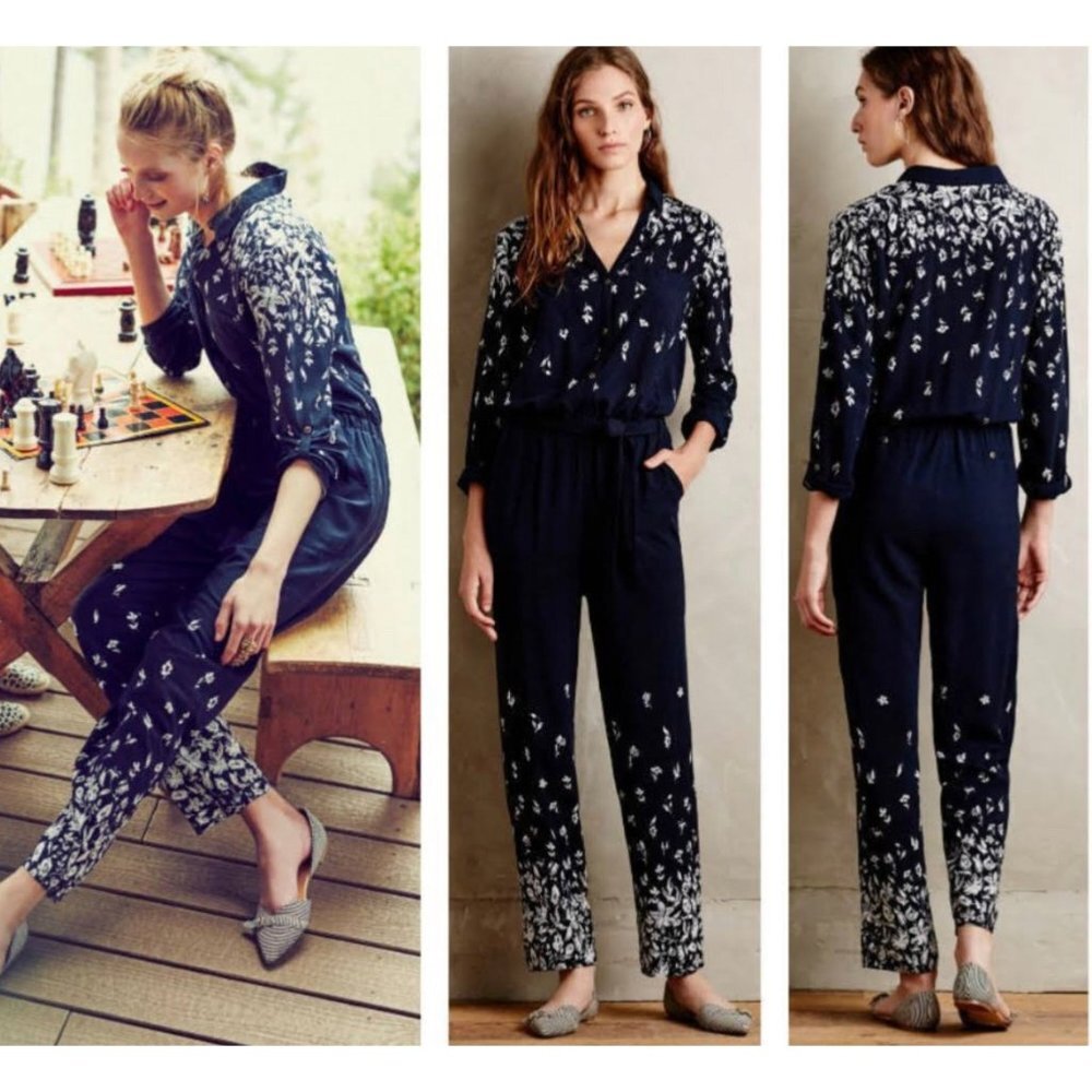 Anthropologie Lilka Navy Floral Lakeshore Soft Lounge Jumpsuit Size S
